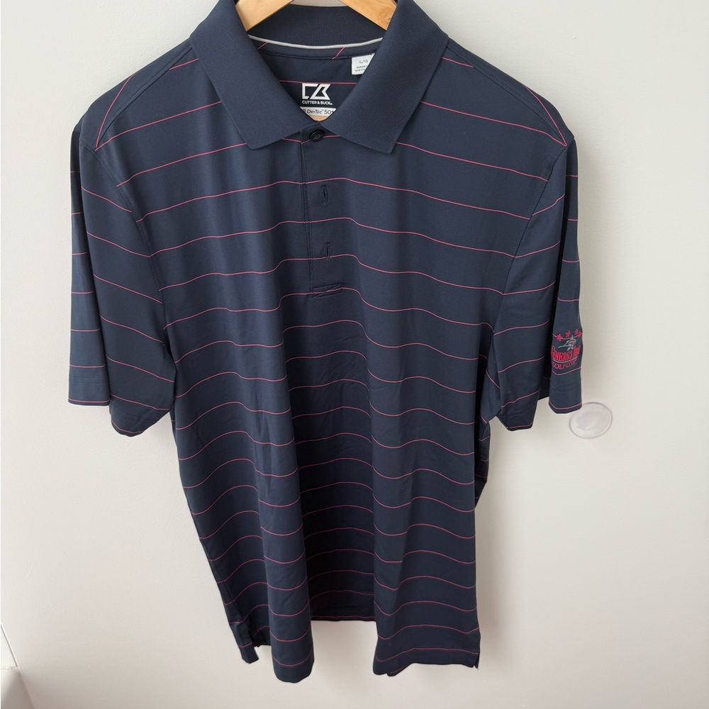 Cutter & Buck Navy and Fuchsia Striped Polo, size: L